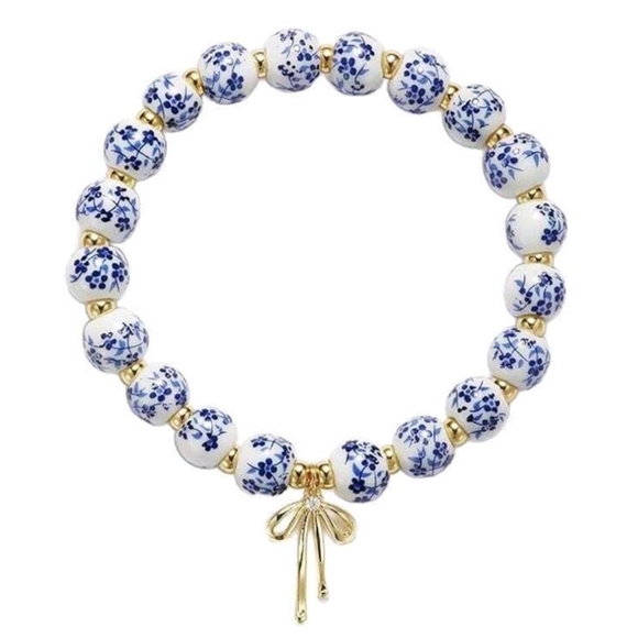 Blue Floral Beaded Bracelet with Gold Bow - Picture 3 of 8
